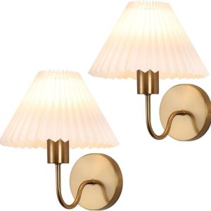 2PCS Gold Wall Sconces Pleated Fabric Wall Lamp Bathroom Dresser Hardwired Wall Light for Bedroom Living Room Hallway Kitchen