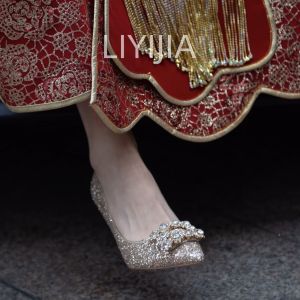 Shiyue Champagne Color High Heels Wedding Shoes Womens Single Shoes Sparkling Sequins Thin Heel Glittering Diamond Buckle