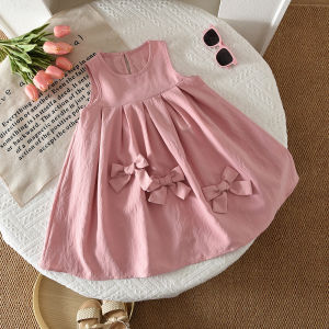 Summer New Pink Sweet and Cute Round Neck Sleeveless Vest Dress with Bow Decoration for Girls Aged 3-7 Daily Wear