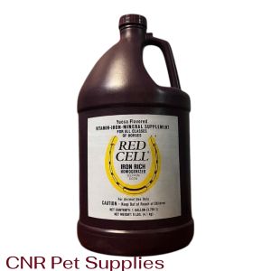 Yuca Flavored Vitamin Iron Supplement for Hens Red Cell Iron Rich. Large purple plastic jug with rooster on wooden base.