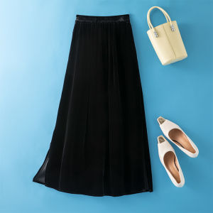 XMO | Silk Velvet A-Line Long Skirt Elastic High Waist Stylish Black Commute-friendly Slit with Pockets