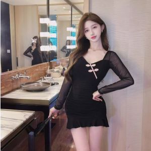 เซ็กซี่ เผ็ด เด็กผู้หญิง ปรับปรุง ชุดกี่เพ้า ตาข่าย แขนยาวหน้าอกต่ําประกบ เดรส ขนาดเล็ก รัดรูป พันรอบ กระโปรงสั้น ฤดูใบไม้ร่วง ฤดูหนาว