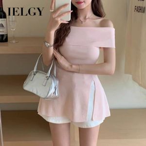 IELGY Korean style pure desire style split shoulder waist knitted T-shirt for women