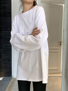 Áo Thun Cotton Trắng Dài Tay Rộng Rãi Cho Nữ Mùa Xuân 2022 Áo Sơ Mi Cổ Tròn Thường Ngày Chất Liệu Cotton Nguyên Chất