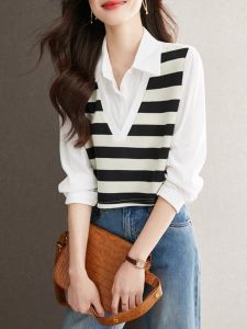 เสื้อเชิ้ตผ้าชีฟองหลวมแขนยาวสไตล์ฝรั่งเศสสำหรับผู้หญิงในฤดูใบไม้ผลิและฤดูใบไม้ร่วง 2025 ใหม่ เสื้อเชิ้ตลายทางทันสมัย เสื้อเชิ้ตคอโปโล