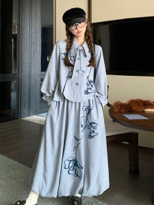 Blue Embroidered Shirt High Waist A-Line Skirt Set Womens Fashion Vintage Design Autumn Collection Two-Piece Ensemble