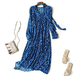 Spring Long Sleeve French Style Vintage Floral Noil Poplin Dress Tied V-neck Gentle Temperament Long Dress Slim Looking Mushroom Buckle