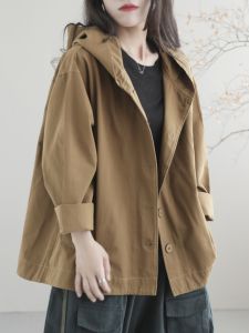 Womens Hooded Short Jacket Spring Autumn Loose Vintage Casual Solid Color Cotton Patchwork Open Cardigan Long Sleeve