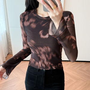 YIMEI Early Autumn Retro Micro Transparent Atmosphere Mesh Bottom T-shirt Shirt Womens Trumpet Sleeve Round Neck Top