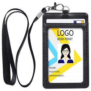 2024 NEW High Quality Real Leather ID Badge Holder Vertical PU 1 Clear ID Window 1 Credit Card Slot and a Detachable Neck Lanyard