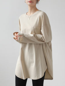 เสื้อยืดคอกลมแขนยาวหลวมๆ ทรงหลวมๆ สำหรับผู้หญิง ฤดูใบไม้ร่วง 2024 เสื้อเชิ้ตชั้นในแบบยาวปานกลาง ผ้าฝ้าย 100%