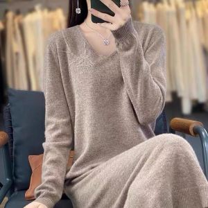 Autumn Winter Long over Knee Cashmere Knitted Dress Womens Fashion Loose Solid Color Sleeveless V Neck Dress Korean Style
