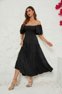 ชุดเดรสคอเหลี่ยมแขนสั้นทรงพอง ชุดเดรสผู้หญิง ฤดูใบไม้ผลิและฤดูร้อน วัสดุโพลีเอสเตอร์ สีพื้น กระโปรงทรงเอ ไม่มีกระดุม