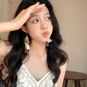 Bohemian Feather Tassel Earrings Womens Long Exaggerated Vacation Style Ethnic Fashion Dangle Earrings Leaf Pattern