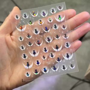 1Pcs Shiny Black Cat French Lines Nail Stickers Y2K Stars Moon Aurora Cats Shadow Nail Decals Self-Adhesive Manicure Accessories