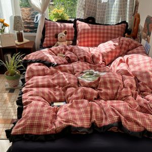 Dansunreve Plaid Bedding Set 3/4in1 Retro Style Ruffle Lace Christmas Red Student Dormitory Bed Sheet Set Quilt Cover Flatsheet