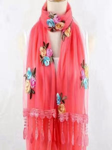 Double Layer Embroidered Scarf Long Lightweight Summer Spring Sun Protection Silk Scarf Womens Beach Scarf Lace Plant Floral