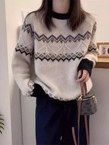 WANGGONGZHU | Retro Color Block Knitwear Womens Thickened Autumn Winter New Fashion Soft Cozy Overhead Sweater Anti-Aging Lazy Top