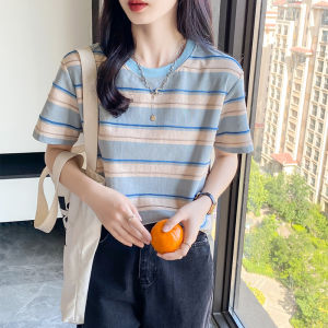 Summer New Color Block Stripe Womens T-shirt Short Sleeve Loose Slimming Top Youthful Design Korean Style round Neck Tee