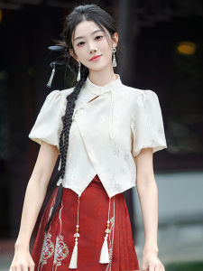 Summer Short Sleeve Stand Collar Traditional Chinese Style Shirt Matching Upper Body for Horse Tailed Skirt Commute Vintage Loose Fit Button Detail
