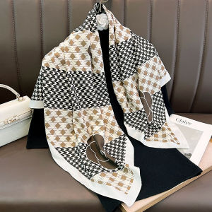 2024 New Arrival Houndstooth Color Matching Geometric Large Kerchief Camellia Decorative Silk Scarf Travel Outer Wear Elegant Shawl