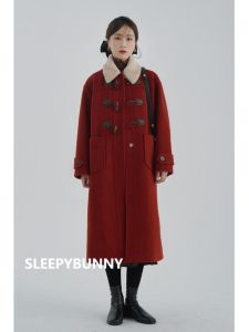 Faux Lamb Fleece Collar Horn Button Christmas New Year Long Coat