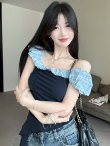 GUZILIAN | เสื้อยืดแขนสั้นทรงเข้ารูปผู้หญิงฤดูร้อน ทรงเข้ารูป ลายสก็อต ไหล่เดียว ดีไซน์เก๋ไก๋ ทรงเข้ารูป แขนสั้น เสื้อผ้าทำงานสไตล์เกาหลี