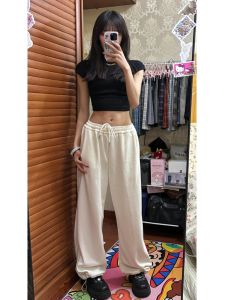 American Style High Waist Pure Cotton White Sports Pants Spring Autumn Womens Small Size Cuffed Loose Wide Leg Sweatpants