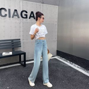 กางเกงยีนส์ขาตรงเอวสูงไซส์ใหญ่สำหรับผู้หญิง ทรงหลวม สไตล์ลำลอง ใส่สบาย ทรงหลวม กางเกงยีนส์ทรงหลวมสำหรับผู้หญิงไซส์ใหญ่