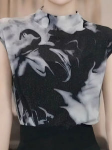 chaqi | Charmique 2025 New Style Womens T-shirt Half High Collar Short Sleeve Mesh Summer Fashion Ink Wash Style Top Trendy Commute Print Casual Wear