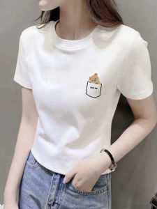 White Slim Fit Cotton Short Sleeve T-Shirt Womens Fashionable Basic Summer New Arrival Printed Commute Style Korean Version
