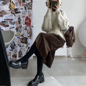 Plus Size Skirt Womens Fat mm Mid-Length Corduroy Straight Skirt a Thick Black High Waist Slit A- line Skirt Autumn and Winter