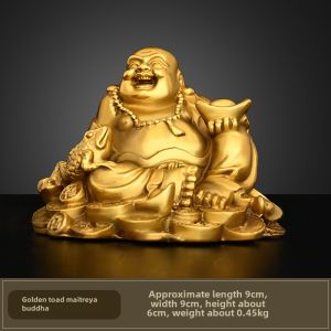 Copper Maitreya Buddha Ornaments Golden Toad Smiling Buddha Holding Ingot Cloth Bag Buddha For Home Office Desk Surface Panel Car Small Size Decoration
