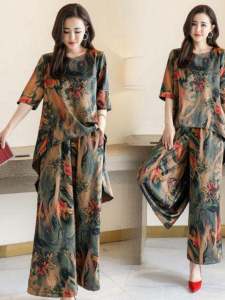 2024 Summer New Arrival Loose Outfit Women's Retro Print Student Two-Piece Suit Fashionable Wide Leg Pants Women's Export Fashion