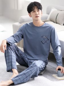 ชุดนอนผู้ชายแขนยาวผ้าฝ้ายแท้ฤดูใบไม้ผลิและฤดูใบไม้ร่วง ชุดนอนผู้ชายไซส์ใหญ่ ชุดอยู่บ้านฤดูร้อน ชุดนอนผ้าฝ้ายแท้ ชุดนอนผู้ชาย