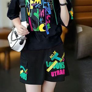 Summer Thin Printed Hooded Short Sleeve Shorts Fashion Set Womens Loose Slimming Casual Sports Two-Piece Set Polyester Material
