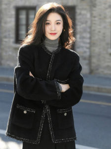 Stylish Unique Black Lamb Fur Fleece Jacket Small Fragrance Style Autumn Winter High Fashion Sensation Commute Korean Version