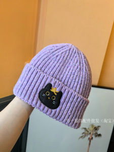 Cute Cartoon Embroidered Cat Knitted Hat Womens Warm Ear Protection Woolen Cap Versatile Face Slimming Cold Hat