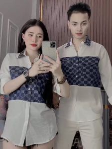 Áo sơ mi nam nữ dài tay chất vãi đũi phối hoạ tiết cao cấp thời trang trẻ trung sang trọng