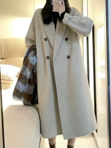 Double-Sided Woolen Coat Womens Korean Style Grey Double-Breasted Miniature Autumn Winter High-End Feeling Commuter Loose Fit