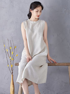 ชุดเดรสยาวผ้าลินินแขนกุดสไตล์ใหม่สำหรับผู้หญิง เสื้อเชิ้ตคอปกสูงทรงเอ สไตล์จีนโบราณ ฤดูร้อน แบรนด์ Gu Yun Duo
