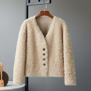 100% Pure Wool V-Neck Lamb Fur Jacket Womens Short Style Colorful Autumn Winter New Arrival Korean Version Commute Friendly