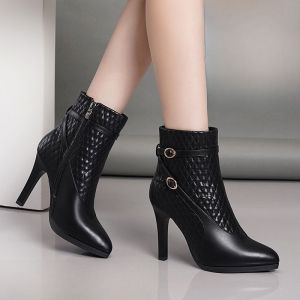 Giày Bốt Cao Gót Da Thật Thời Trang Mũi Nhọn Khóa Kéo Cho Nữ Mùa Đông Thường Ngày Giày Bốt Đơn Chống Thấm Nước