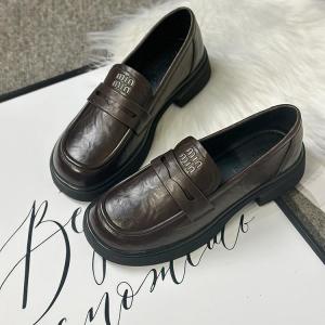 Soft Bottom Genuine Leather Flat Heel Womens Loafers Hong Kong Style Casual Slip-On Shoes Comfortable round Toe Flat Footwear