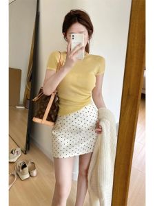 BINKAFENNY | Ice Silk Knitted T-Shirt And Polka Dot Half Skirt Two-Piece Set Summer Dopaamine Matching Milk Series Womens Fashion Ensemble