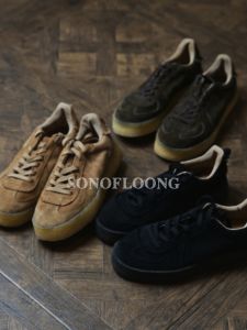 Sonoflong Retro Genuine Leather Dequn Shoes Sheepskin Deerhide Fleece Turned Leather Silver Buckle Board Shoes Khaki Mjila