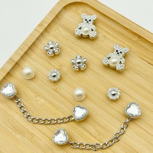 10PCS Shoe Charm DIY Fashion Silver Pearl Bear Diamond Chain Shoe Decoration Buckle for Hole Shoes Accessories