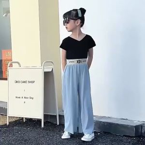 5-12 Years Girls Summer Casual Ice Silk Wide Leg Long Pants Kids Pleated Letters Spring Trousers