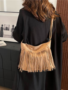 Bohemian American Style Faux Suede Matte Tassel Saddle Bag Fashionable Single Shoulder Crossbody Bag for Young Adults