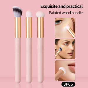 3PCS Concealer Brush Set Soft Sponge & Hair Eye Cheek Brush Painted Wood Handle Foundation Blending Brush for Face Lip Contour
